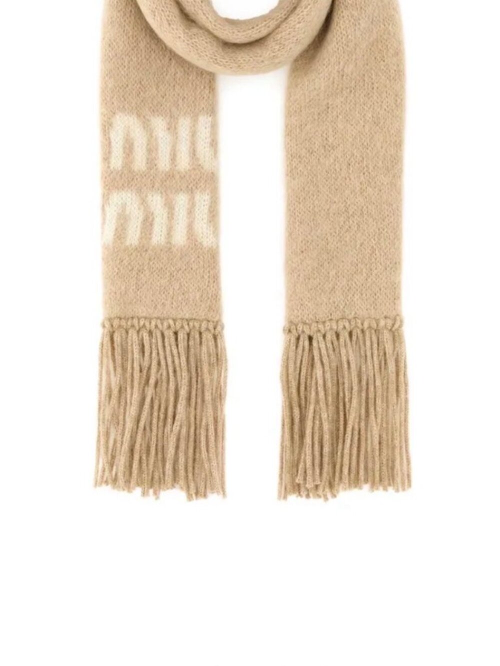 100% NEW Miu Miu Beige Mohair Logo Fringed Scarf - 2026 Collection
